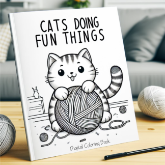 A coloring book page of a cat playing with a ball of yarn on a living room floor. The title of the book reads "Cats Doing Fun Things"