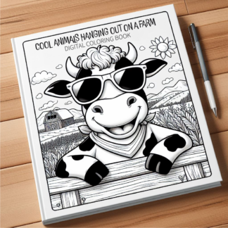 A cow wearing glasses hanging out on a farm with it's front legs draped over a fence. Coloring book outline with title "Cool Animals Hanging Out On A Farm"