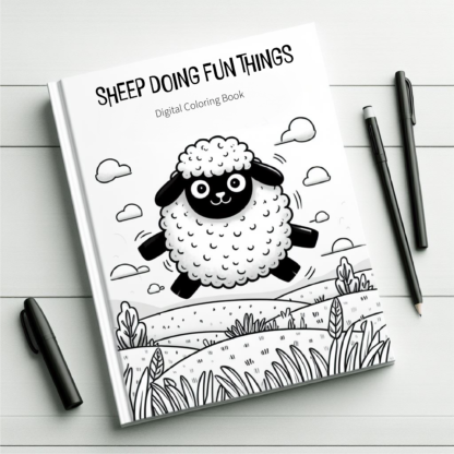 A coloring book page of a sheep jumping in a field. The title of the book reads "Sheep Doing Fun Things"